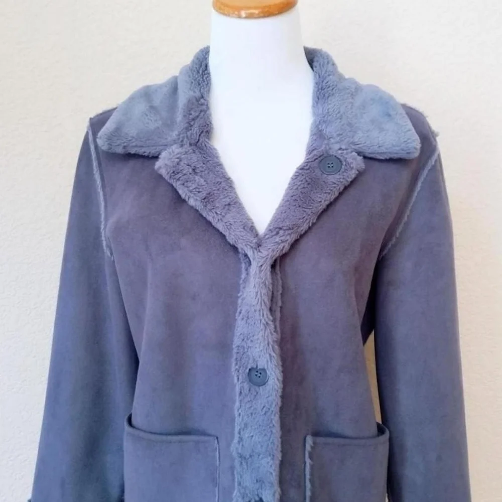 Brandon Thomas vintage Y2K blue gray/purple faux micro suede sherpa lined coat - Picture 3 of 8
